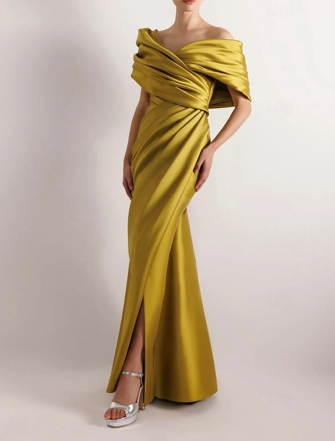 Mermaid Off Shoulder Ruched Slit Olive Floor Length Prom Dress Hot Sale