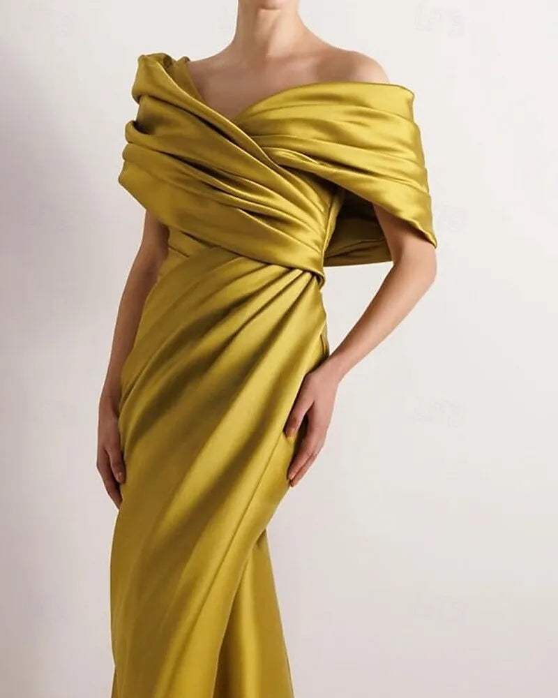 Mermaid Off Shoulder Ruched Slit Olive Floor Length Prom Dress Hot Sale