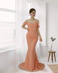 Peach Mermaid Off Shoulder Ruched Floor-Length Prom Dresses