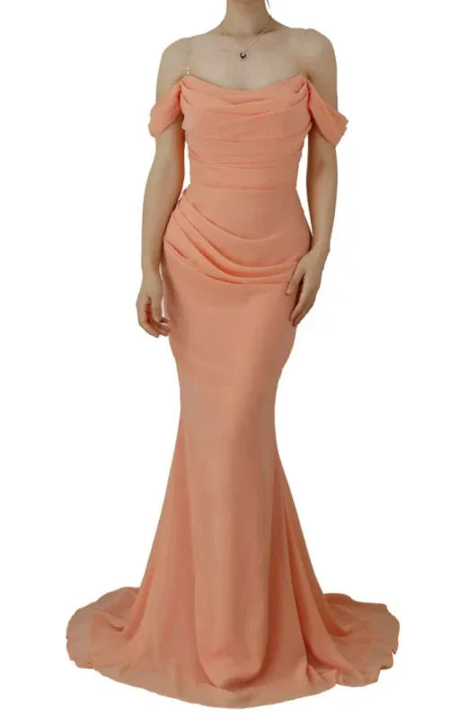 Peach Mermaid Off Shoulder Ruched Floor-Length Prom Dresses