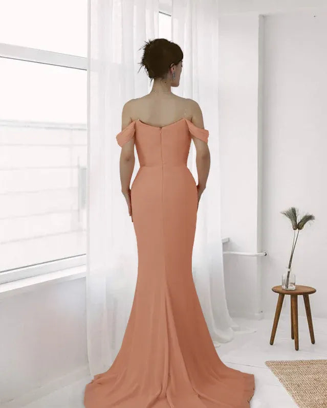 Peach Mermaid Off Shoulder Ruched Floor-Length Prom Dresses