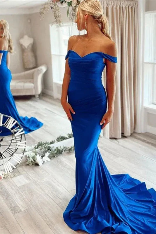 Blue Mermaid Off Shoulder Ruched Royal Floor-Length Evening Dress