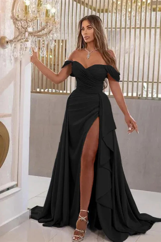 Sky Blue Mermaid Off Shoulder Ruched Ruffle Slit Sky Train Prom Dress For Women Hot Sale