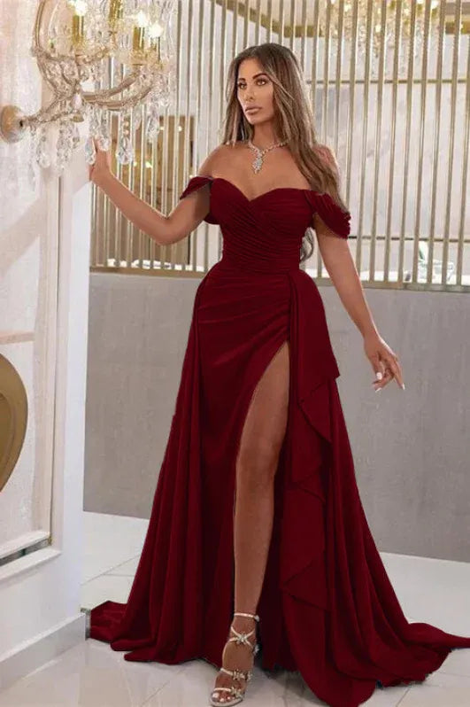 Sky Blue Mermaid Off Shoulder Ruched Ruffle Slit Sky Train Prom Dress For Women Hot Sale