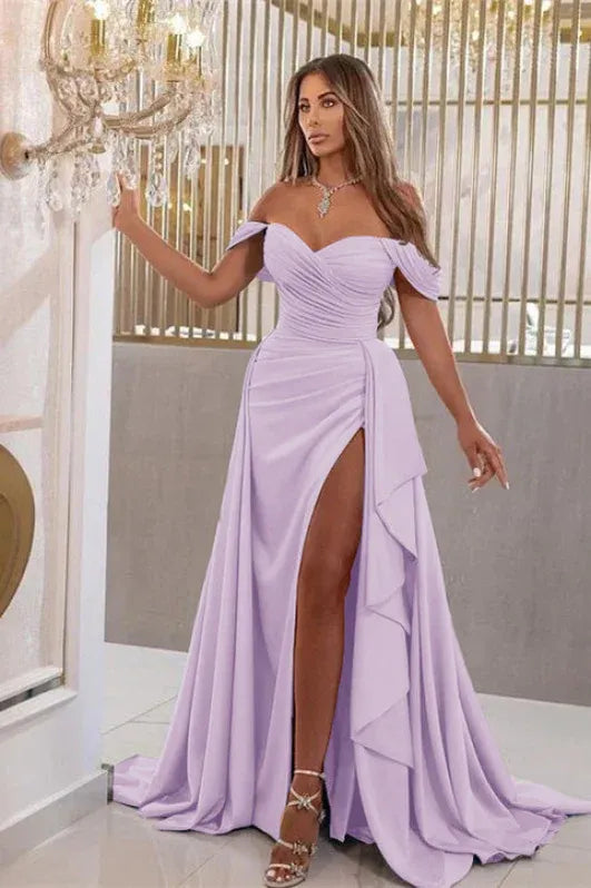 Sky Blue Mermaid Off Shoulder Ruched Ruffle Slit Sky Train Prom Dress For Women Hot Sale