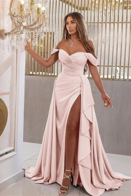 Sky Blue Mermaid Off Shoulder Ruched Ruffle Slit Sky Train Prom Dress For Women Hot Sale