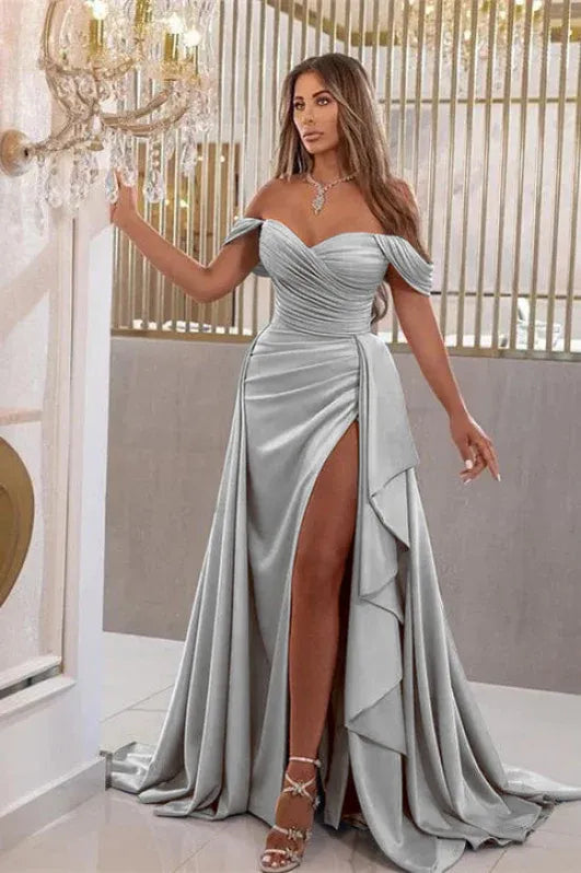 Sky Blue Mermaid Off Shoulder Ruched Ruffle Slit Sky Train Prom Dress For Women Hot Sale