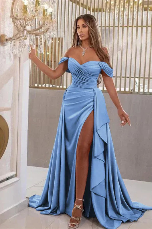 Sky Blue Mermaid Off Shoulder Ruched Ruffle Slit Sky Train Prom Dress For Women Hot Sale