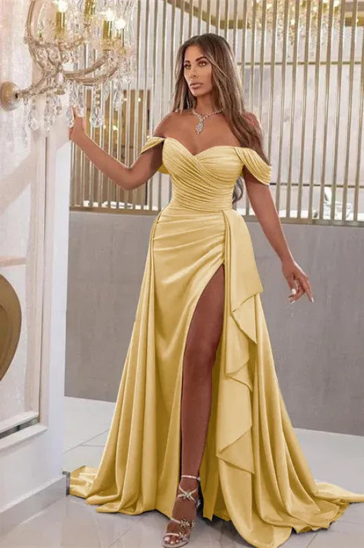 Sky Blue Mermaid Off Shoulder Ruched Ruffle Slit Sky Train Prom Dress For Women Hot Sale