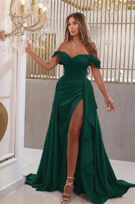 Sky Blue Mermaid Off Shoulder Ruched Ruffle Slit Sky Train Prom Dress For Women Hot Sale