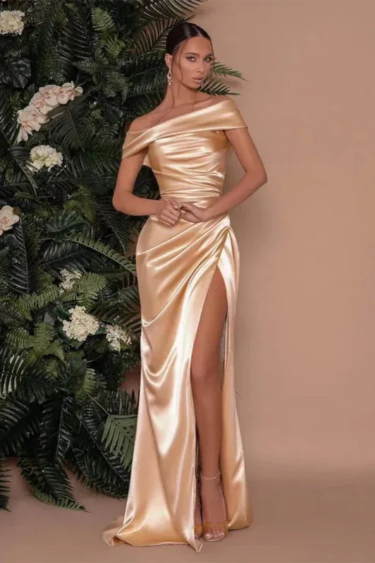 Mermaid Off Shoulder Ruched Slit Champagne Floor Length Prom Dress For Women Buy