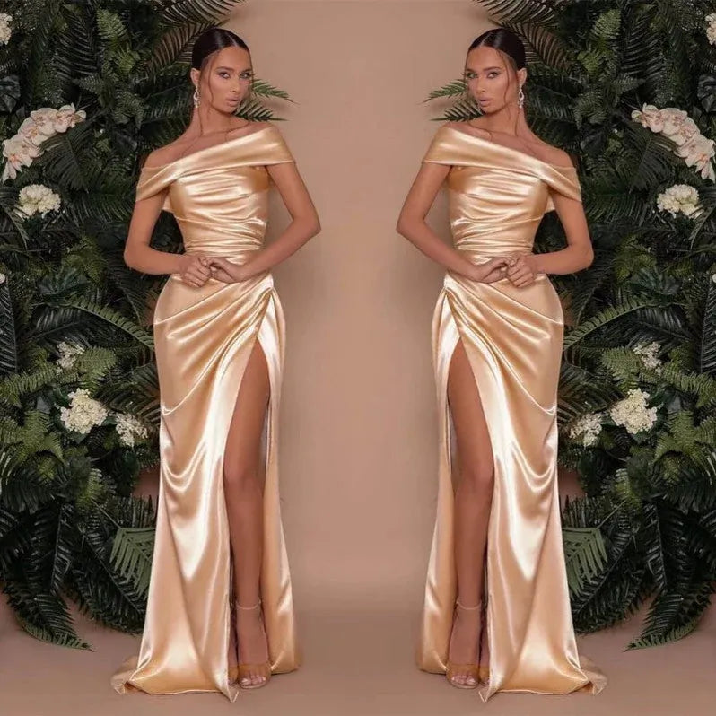 Mermaid Off Shoulder Ruched Slit Champagne Floor Length Prom Dress For Women Buy