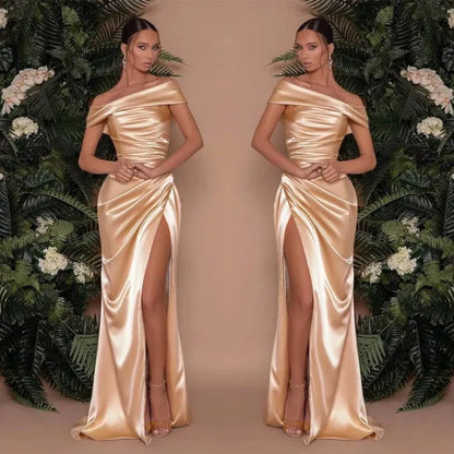 Luxurious Red Slit Mermaid Classic-Neck Classic-Sleeve Classic-Back Floor-Length Prom Dress