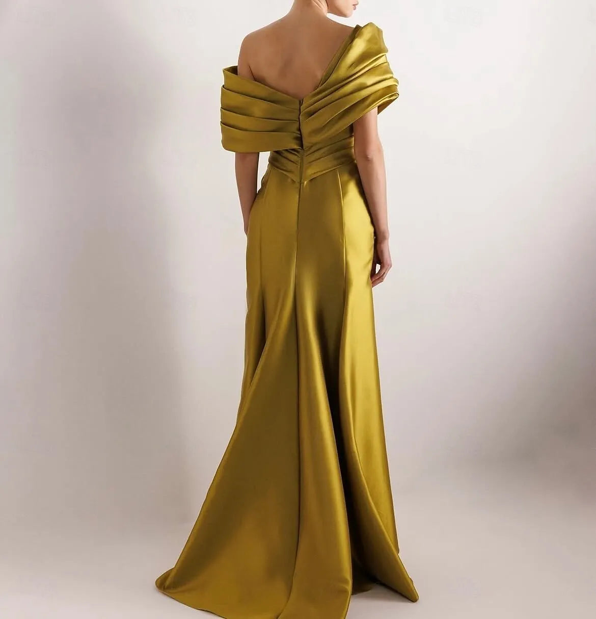 Mermaid Off Shoulder Ruched Slit Olive Floor Length Prom Dress Hot Sale
