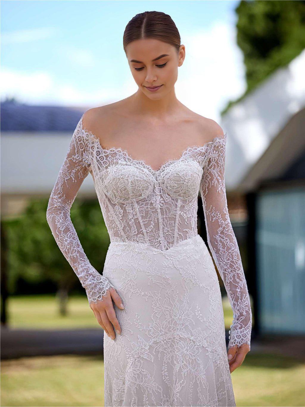 Mermaid Off the Shoulder Long-Sleeve Lace-Embroidered Button-Back Sweep/Brush Train Wedding Dress for bride