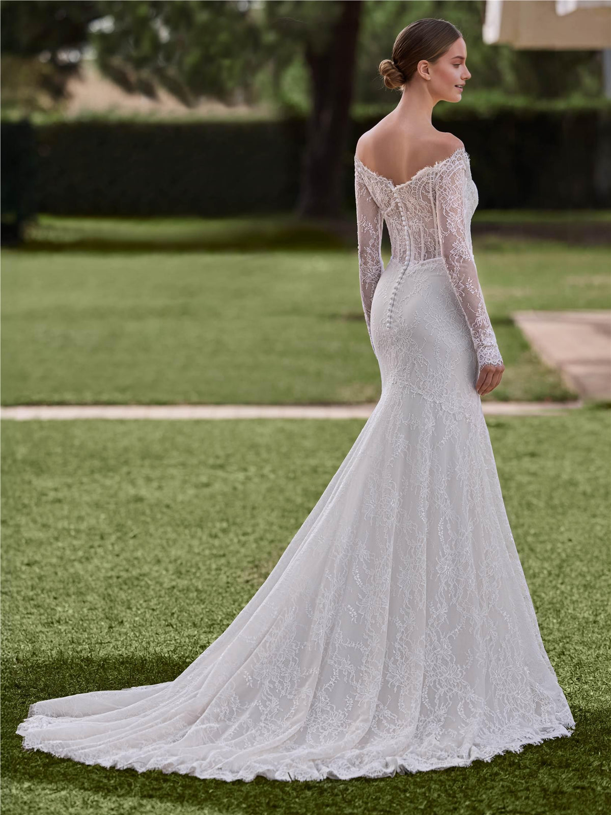 Mermaid Off the Shoulder Long-Sleeve Lace-Embroidered Button-Back Sweep/Brush Train Wedding Dress for bride