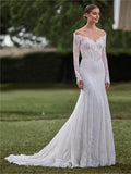 Mermaid Off the Shoulder Long-Sleeve Lace-Embroidered Button-Back Sweep/Brush Train Wedding Dress for bride
