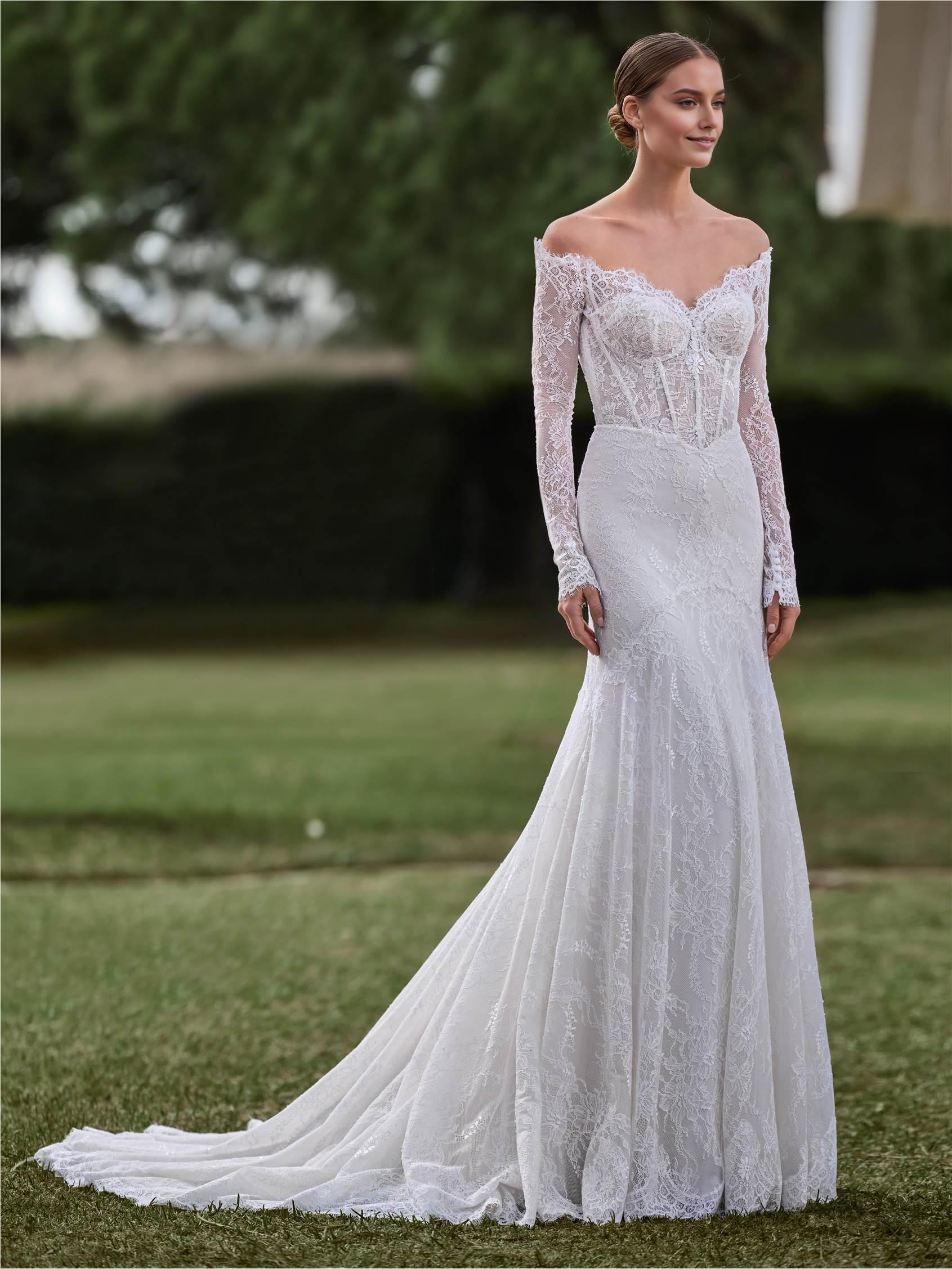Mermaid Off the Shoulder Long-Sleeve Lace-Embroidered Button-Back Sweep/Brush Train Wedding Dress for bride