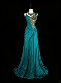 Teal Mermaid One-Shoulder Embellished Maxi Prom Dress