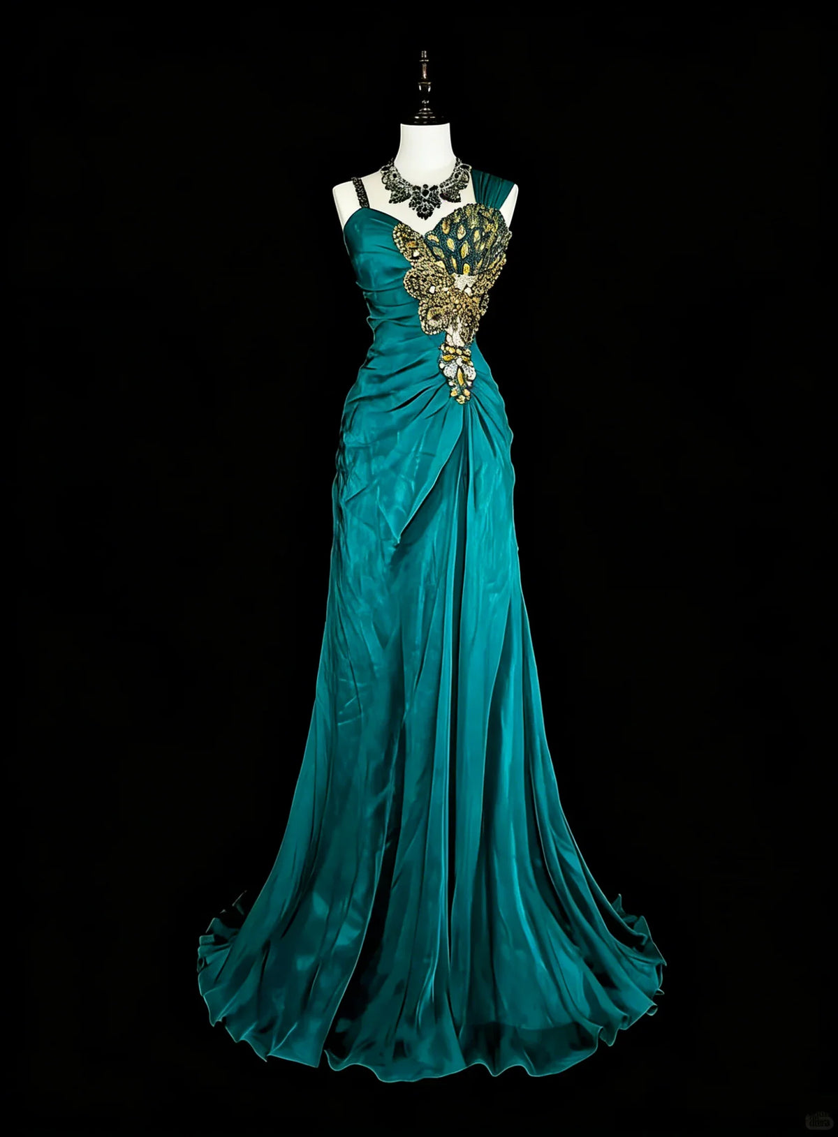 Teal Mermaid One-Shoulder Embellished Maxi Prom Dress