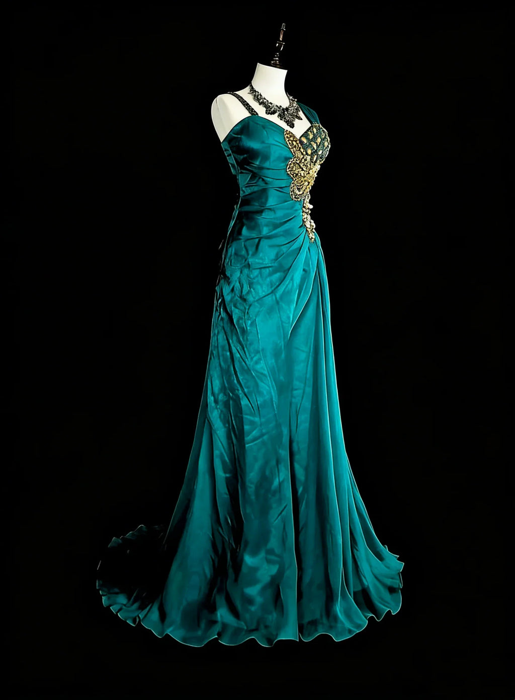 Teal Mermaid One-Shoulder Embellished Maxi Prom Dress