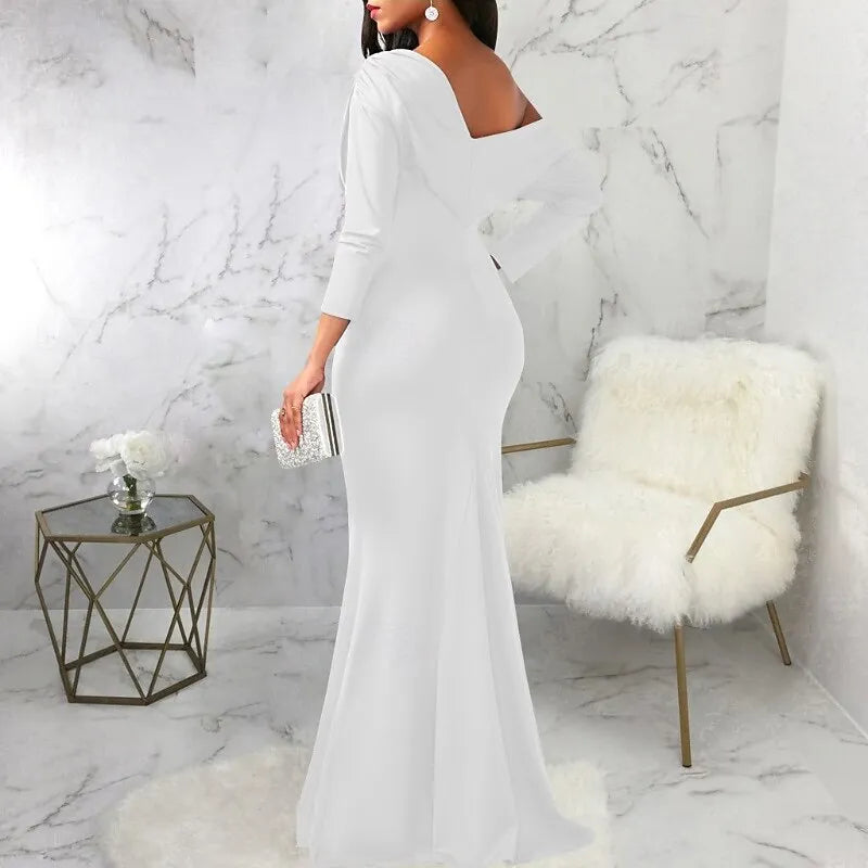White Mermaid One-Shoulder Half Sleeve Draped Maxi Prom Dress for Women Custom