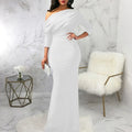 White Mermaid One-Shoulder Half Sleeve Draped Maxi Prom Dress for Women Custom