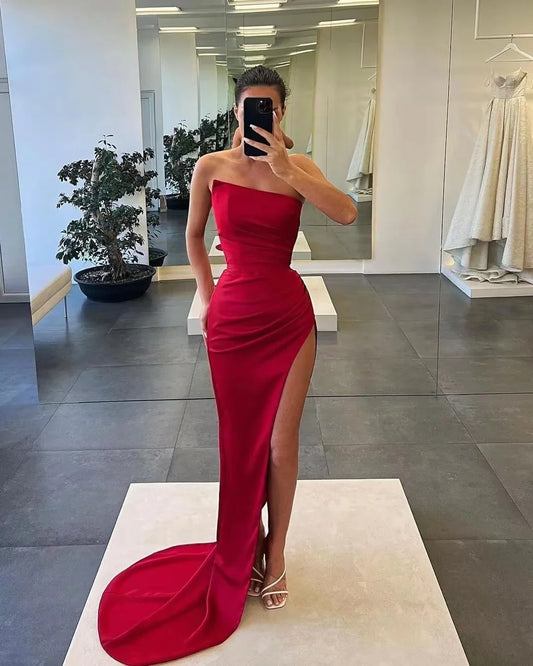 Luxurious Red Mermaid One-Shoulder Classic-Sleeve Classic-Back Floor-Length Prom Dress
