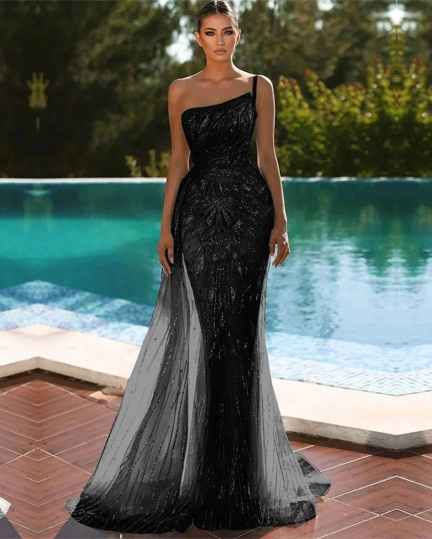 Mermaid One-Shoulder Train Evening Dress