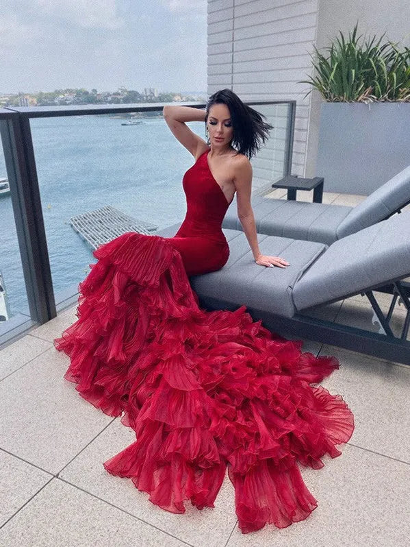 Red Mermaid One-shoulder Tie Ruffled Red Evening Dress For Ladies Hot Sale
