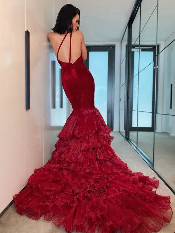 Red Mermaid One-shoulder Tie Ruffled Red Evening Dress For Ladies Hot Sale