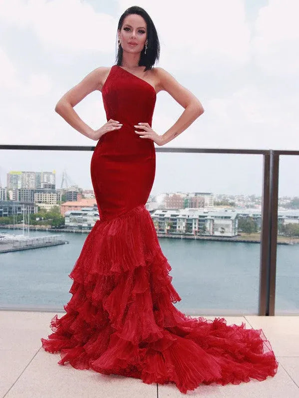 Red Mermaid One-shoulder Tie Ruffled Red Evening Dress For Ladies Hot Sale