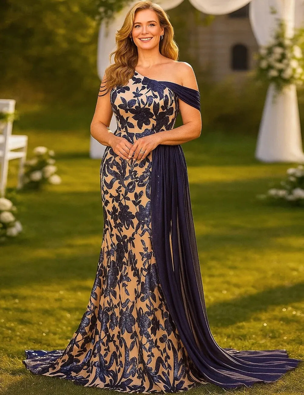 Navy Blue Mermaid One Shoulder Sleeveless Nude Long Prom Dress