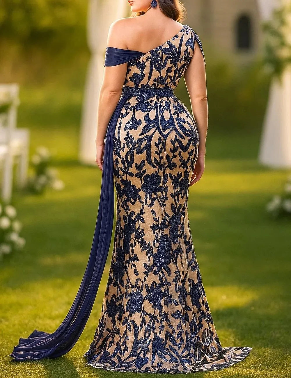 Navy Blue Mermaid One Shoulder Sleeveless Nude Long Prom Dress