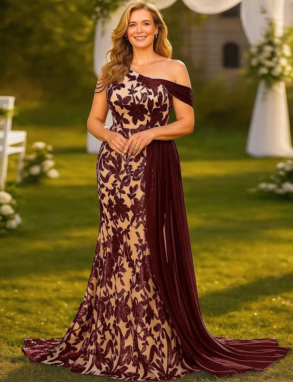 Navy Blue Mermaid One Shoulder Sleeveless Nude Long Prom Dress