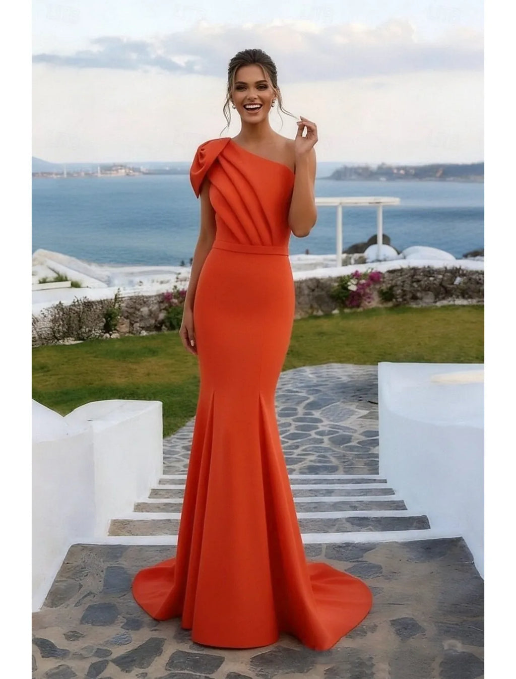 Orange Mermaid One Shoulder Ruched Train Prom Dress Hot Sale