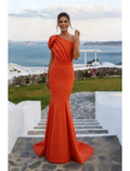 Orange Mermaid One Shoulder Ruched Train Prom Dress Hot Sale