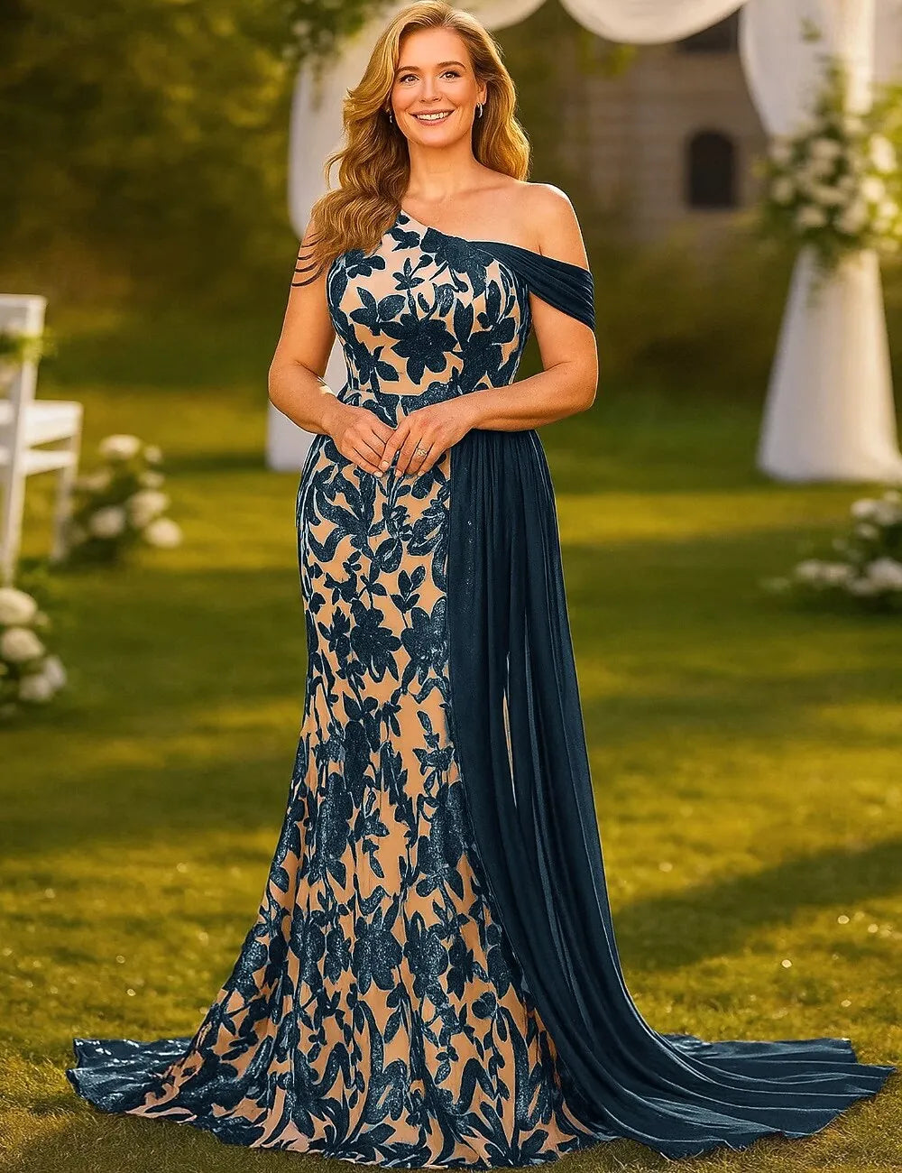 Navy Blue Mermaid One Shoulder Sleeveless Nude Long Prom Dress
