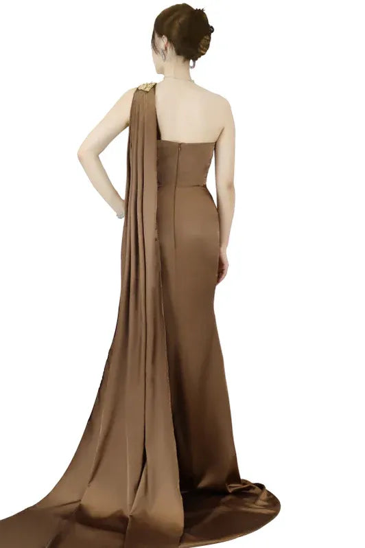 Brown Mermaid One Shoulder Cape Beaded Floor-Length Prom Dress