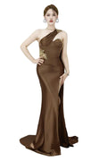 Brown Mermaid One Shoulder Cape Beaded Floor-Length Prom Dress