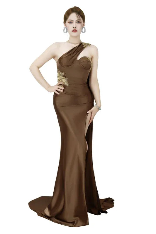 Brown Mermaid One Shoulder Cape Beaded Floor-Length Prom Dress
