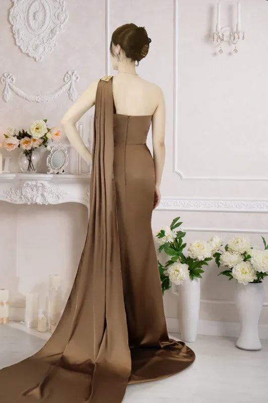 Brown Mermaid One Shoulder Cape Beaded Floor-Length Prom Dress