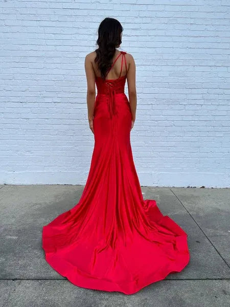 Red Mermaid One Shoulder Applique Train Prom Dress