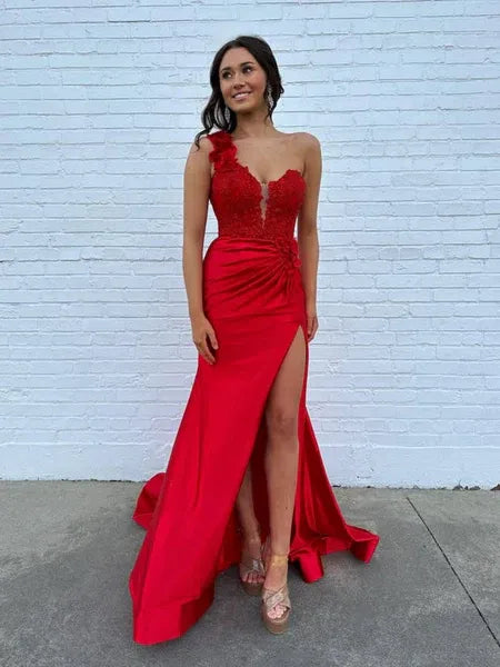 Red Mermaid One Shoulder Applique Train Prom Dress