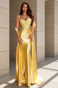 Yellow Mermaid One Shoulder Ruched Floor Length Prom Dress