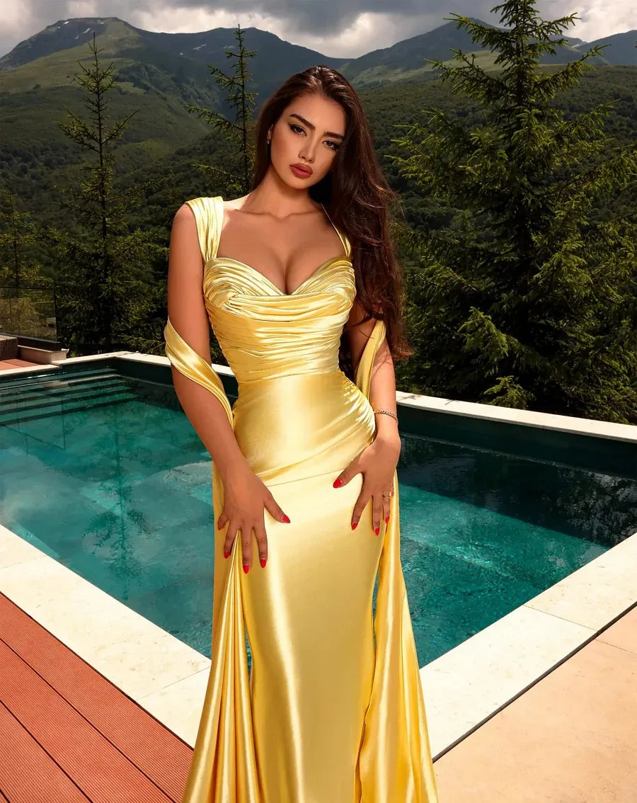 Yellow Mermaid One Shoulder Ruched Floor Length Prom Dress