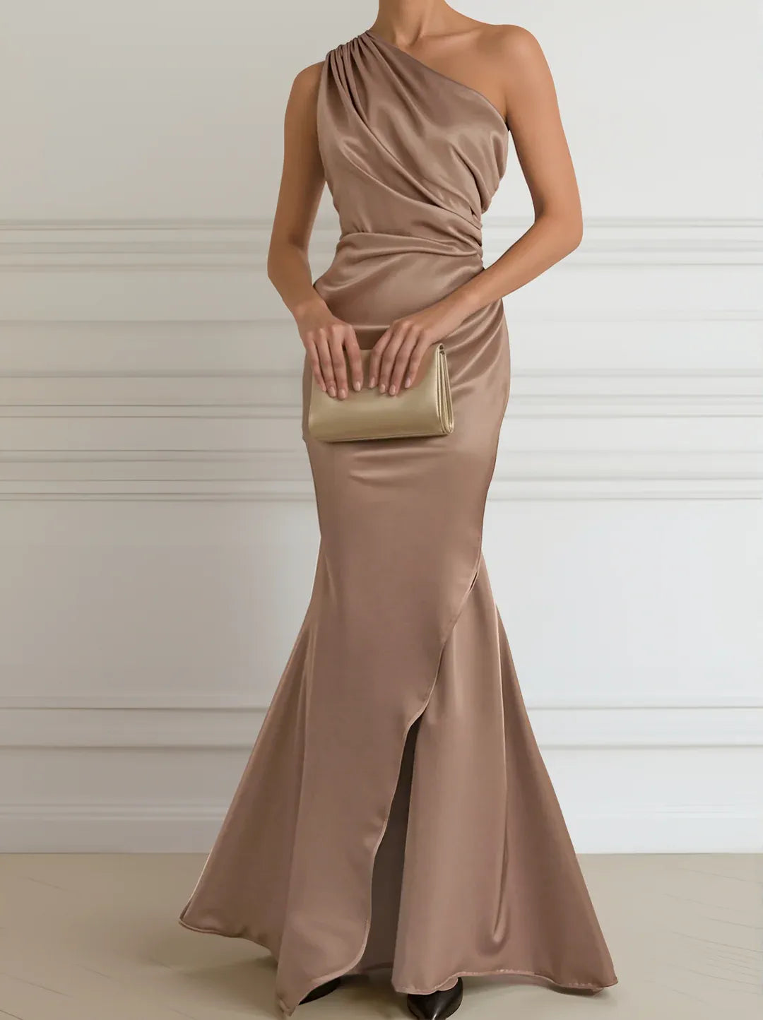 Taupe Mermaid One Shoulder Ruched Floor-Length Evening Dresses