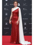 Red Mermaid One Shoulder Color Block Cape Evening Dress
