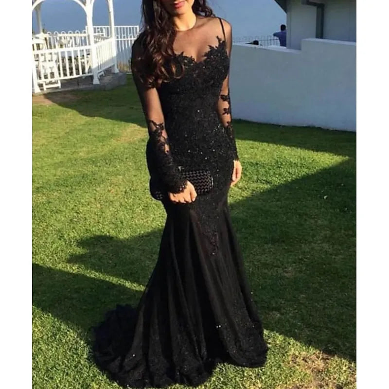 Black Mermaid Sheer Neck Long Sleeve Applique Evening Dress