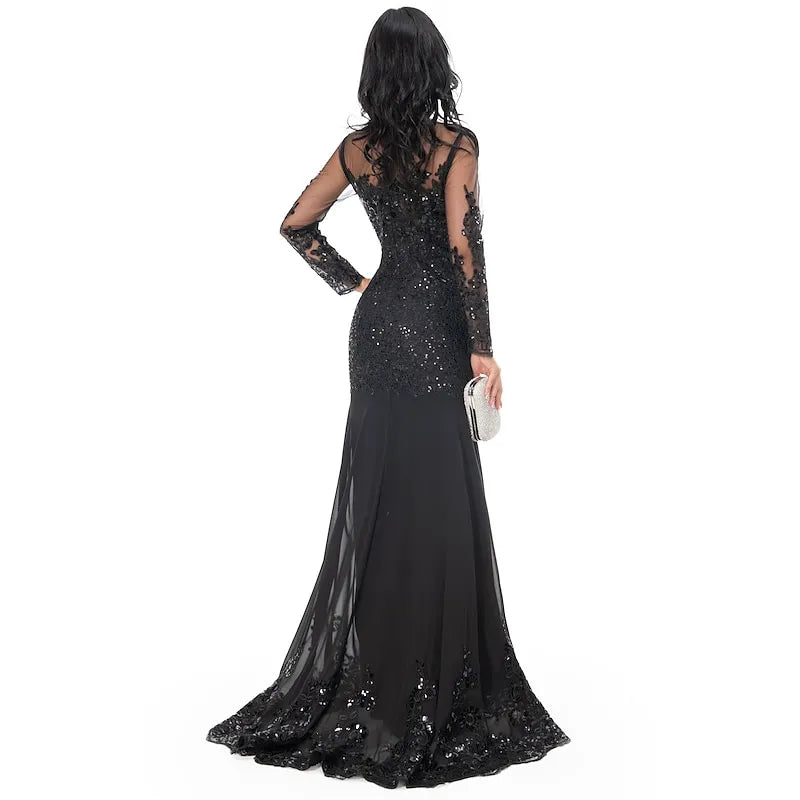 Black Mermaid Sheer Neck Long Sleeve Applique Evening Dress